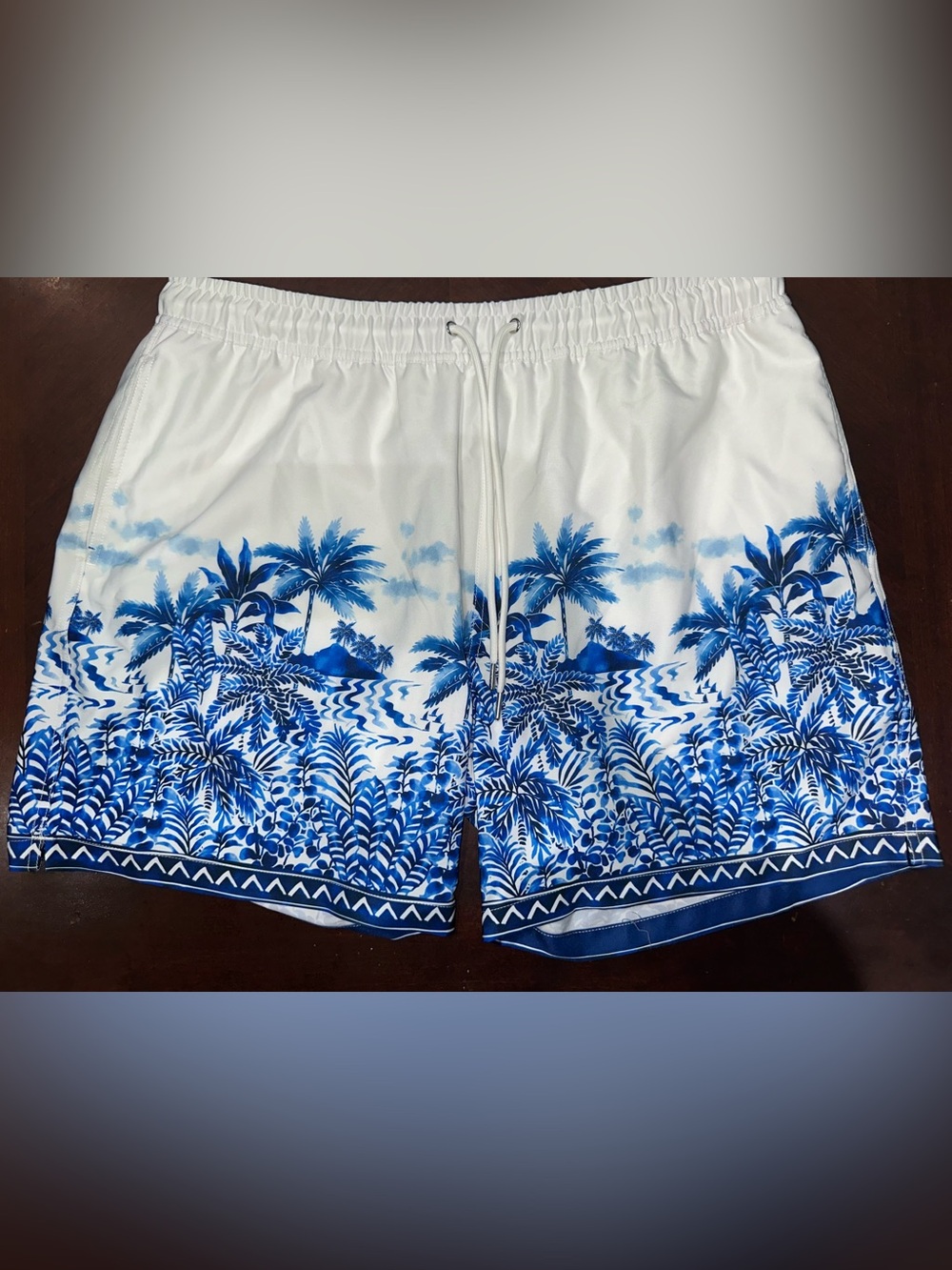 Robert Graham White and Blue Tropical Print Swim Trunks